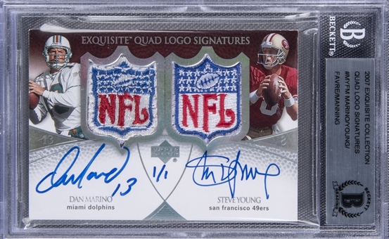 2007 UD "Exquisite Collection" Quad Logo Signatures #MYFM Dan Marino/Steve Young/Brett Favre/Peyton Manning NFL Game Worn Shields Multi-Signed Card (#1/1) - BGS Authentic (UDA)